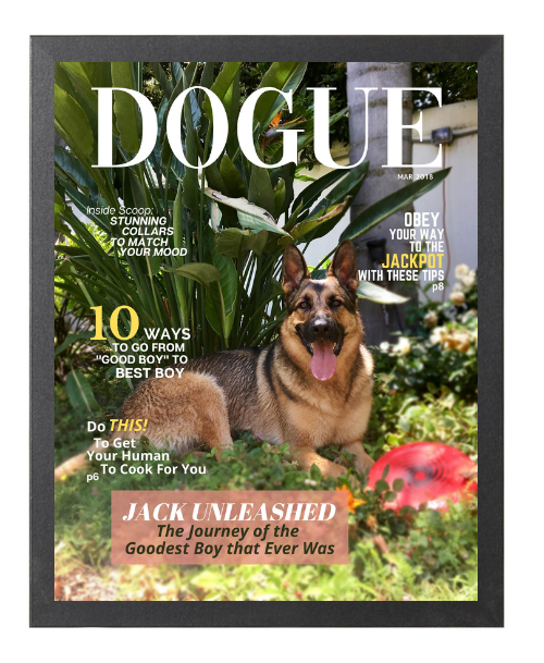 Personalized Dog Magazine Cover- Framed: Forever Chasing Squirrels Theme - DOGUE By Gina